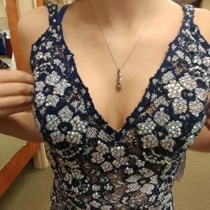 Jovani Navy and Silver Floral Sequin Dress